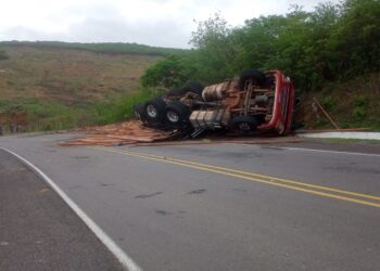 Caminhão carregado de madeira tomba na BR-226; motorista fica ferido